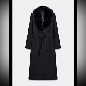 Zara WOOL COAT WITH FAUX FUR LAPEL AND BELT - size small